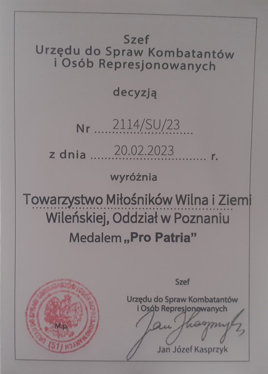 Medal Pro Patria legitymacja